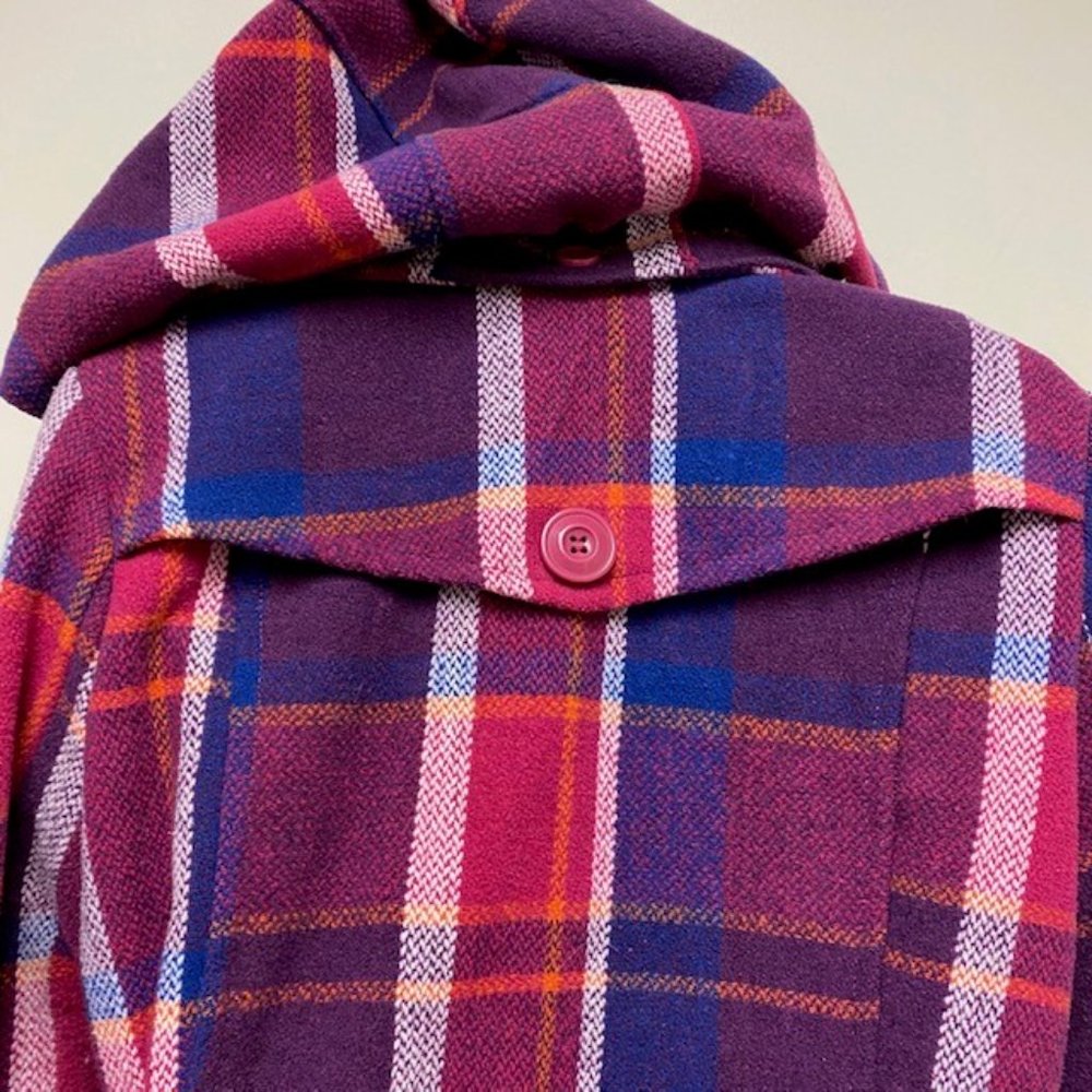 DEB Vintage 80's Trench Style Pea Coat Wool Blend Plaid Hood, size Small - Picture 10 of 15